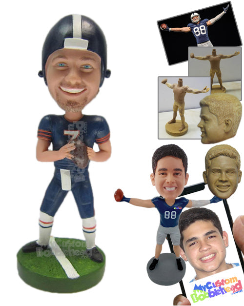 Cool Dude Football Player Catches The Ball with Both Hands Personalized Bobblehead