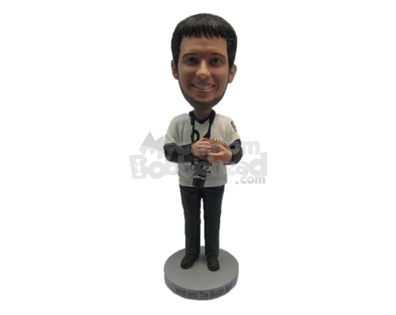 Custom Bobblehead Male Football Aficionado With Large Camera And Football In Hand - Sports & Hobbies Football Personalized Bobblehead & Cake Topper