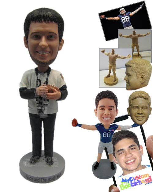 Male Football Aficionado with Large Camera and Football in Hand Personalized Bobblehead