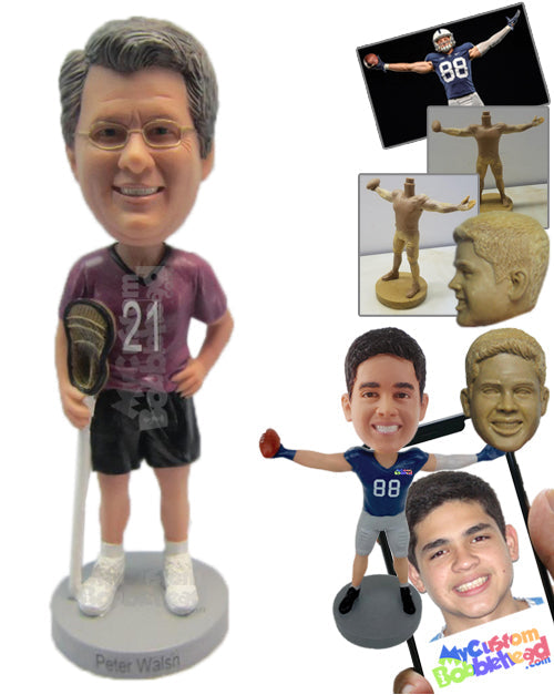 Male Field Hockey Player Posing for Picture Next to His Stick Personalized Bobblehead