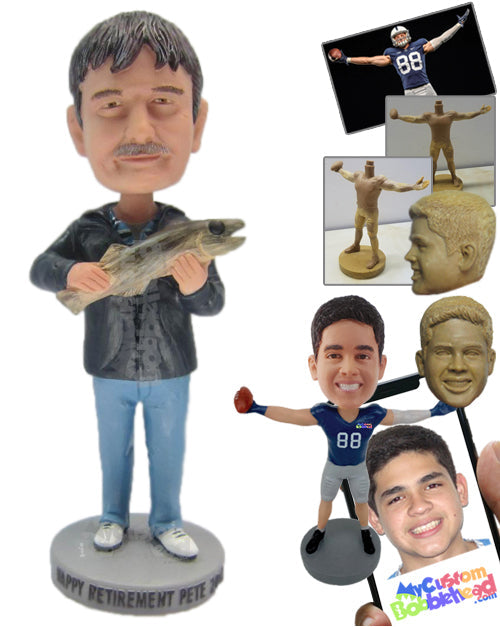 Cool Fisherman Dude Wearing a Jacket and Jeans with Fish Catch in Hand Personalized Bobblehead