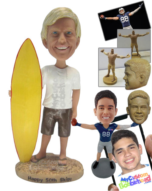 Sexy Male Surfer Wearing T-Shirt and Shorts with Surfing Board in Hand Personalized Bobblehead