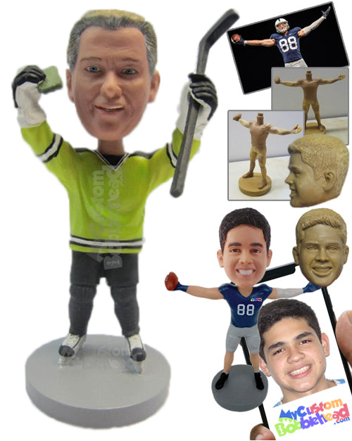 Male Ice Hockey Player Delighted with the Result Celebrating with Both Hands in the Air Personalized Bobblehead