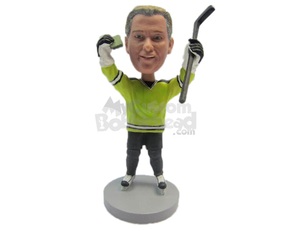 Male Ice Hockey Player Delighted with the Result Celebrating with Both Hands in the Air Personalized Bobblehead