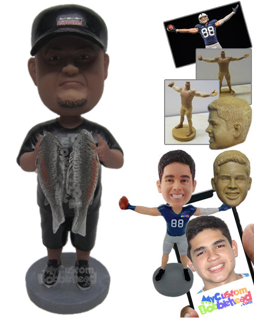 Young Fisherman Catching Two Large Fish Personalized Bobblehead