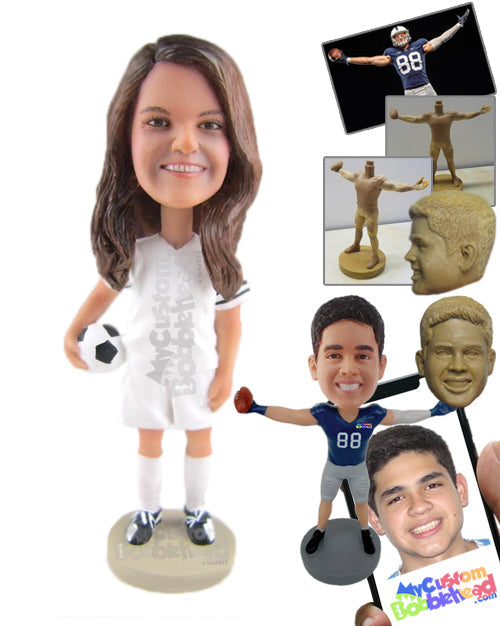 Sexy Female Soccer Player Standing with Soccer Ball in Hand Personalized Bobblehead