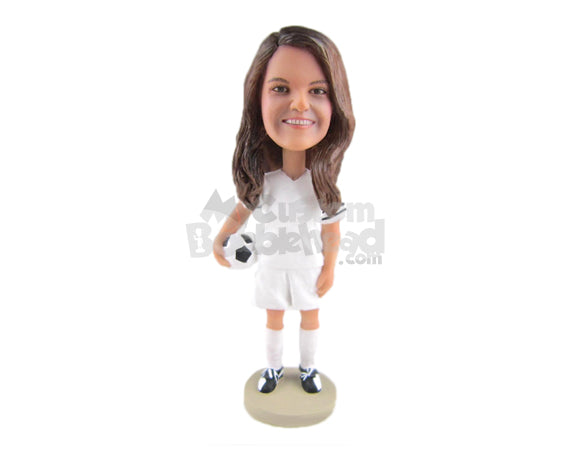 Sexy Female Soccer Player Standing with Soccer Ball in Hand Personalized Bobblehead