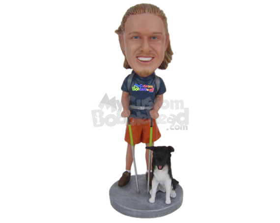 Male Mountain Climber Holding Climbing Sticks with His Pet Dog Personalized Bobblehead