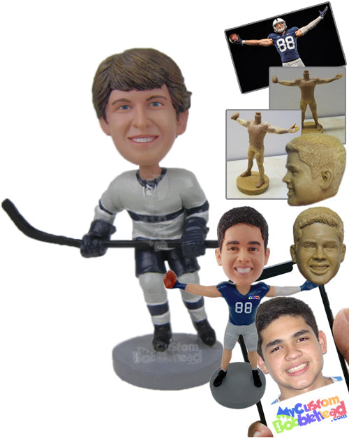 Attractive Ice Hockey Dude with His Hockey Sticks in Hand Personalized Bobblehead