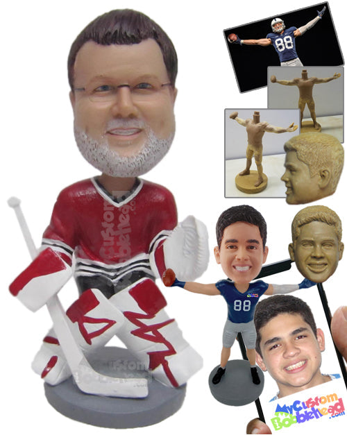 Veteran Ice Hockey Goalkeeper Guarding His Goal Personalized Bobblehead