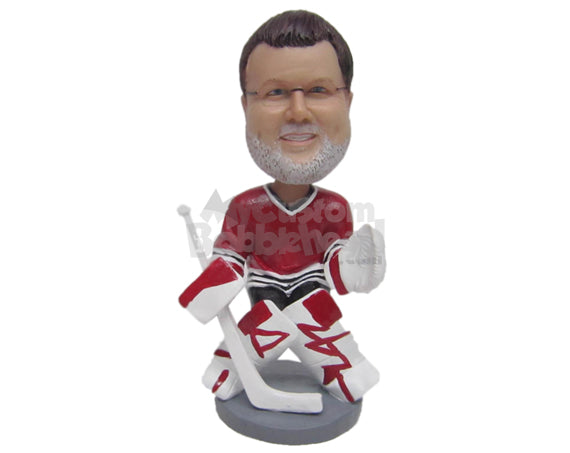 Veteran Ice Hockey Goalkeeper Guarding His Goal Personalized Bobblehead