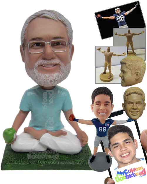 Male Yoga Fan in Relaxing Pose and with Apple in Hand Personalized Bobblehead