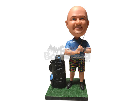 Male Golfer in T-Shirt and Shorts with His Golfing Club Simulating Big Shot Personalized Bobblehead