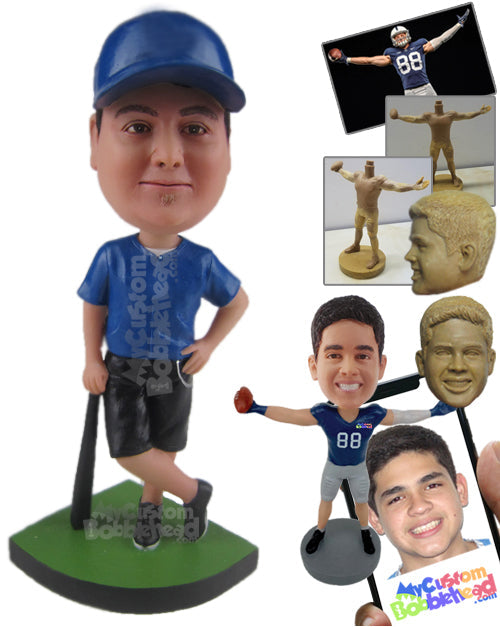 Male Baseball Player Holding a Bat and Standing Cross-Legged Personalized Bobblehead