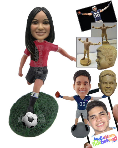 Sexy Female Soccer Player Ready to Shoot the Ball with Power Personalized Bobblehead