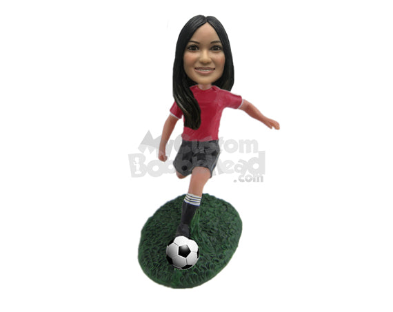 Sexy Female Soccer Player Ready to Shoot the Ball with Power Personalized Bobblehead