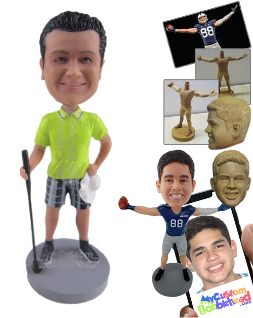 Attractive Golfer Dude Wearing T-Shirt and Shorts and Posing with Golf Club Personalized Bobblehead