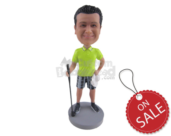 Custom Bobblehead Attractive Golfer Dude Wearing T-Shirt And Shorts And Posing With Golf Club - Sports & Hobbies Golfing Personalized Bobblehead & Cake Topper