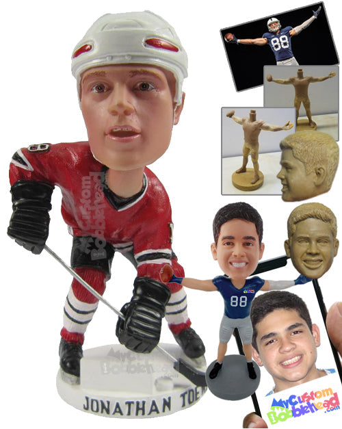 Male Ice Hockey Player Trying to Win Back the Ball Personalized Bobblehead