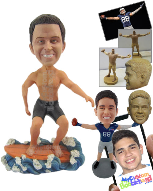 Muscular Male Surfer Surfing Out in the Water Personalized Bobblehead