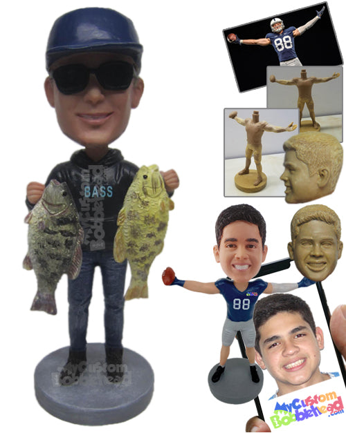 Cool Dude Wearing Sweatshirts and Jeans Posing with 2 Fish in Hand Personalized Bobblehead