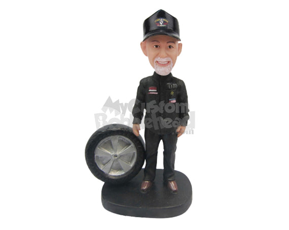 Custom Bobblehead Car Racer Mechanic Posing With Tire And Tools - Sports & Hobbies Car Racing Personalized Bobblehead & Cake Topper