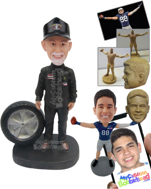 Car Racer Mechanic Posing with Tire and Tools Personalized Bobblehead