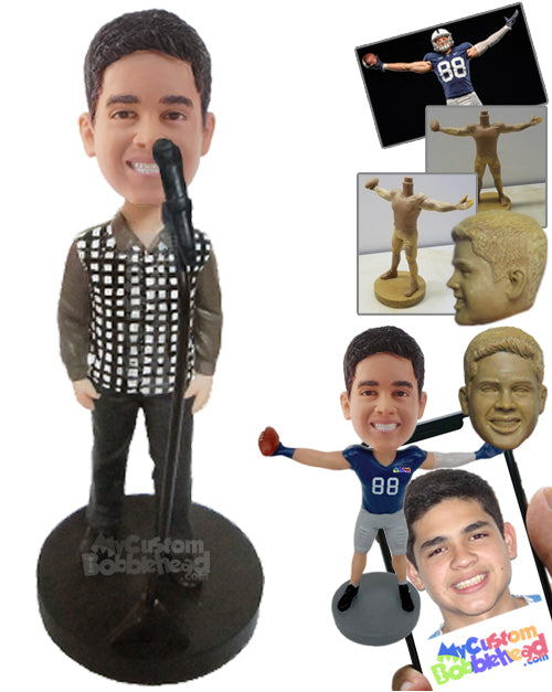 Male Singer Wearing Shirt and Jeans Ready to Sing a Song Personalized Bobblehead