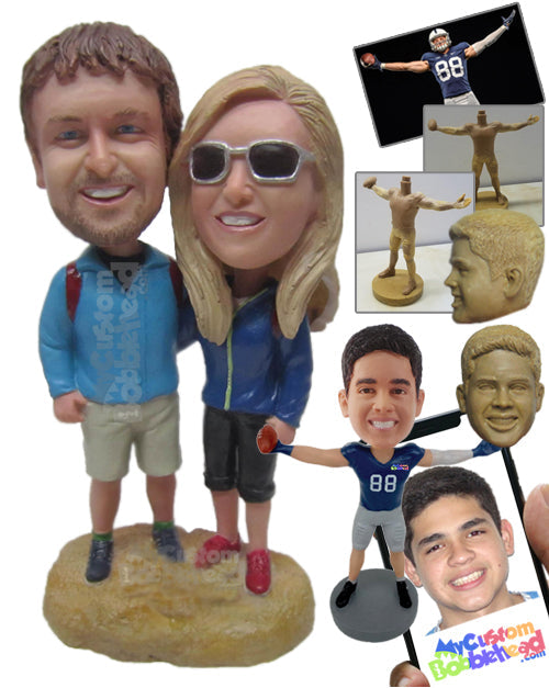 Charming Hiking Couple Going Around the Globe Looking for Adventure Personalized Bobblehead