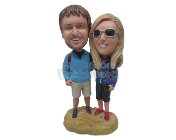 Charming Hiking Couple Going Around the Globe Looking for Adventure Personalized Bobblehead