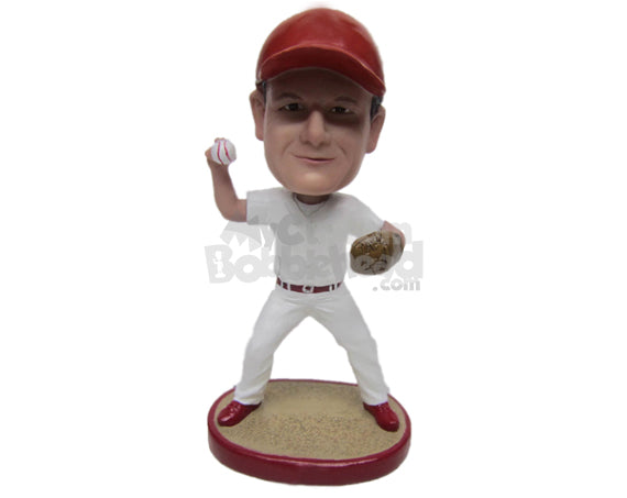 Custom Bobblehead Male Baseball Pitcher Ready With The Ball In Hand - Sports & Hobbies Baseball & Softball Personalized Bobblehead & Cake Topper