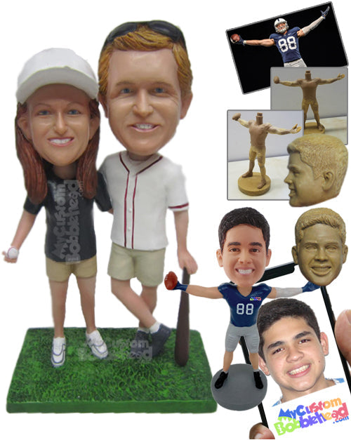 Baseball Loving Couple Wearing Shorts and Jerseys, Posing for a Picture Personalized Bobblehead