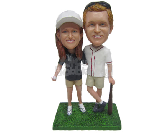 Custom Bobblehead Baseball Loving Couple Wearing Shorts And Jerseys Posing For A Picture - Sports & Hobbies Baseball & Softball Personalized Bobblehead & Cake Topper