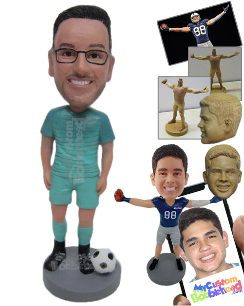 Male Soccer Player Standing with the Ball Next to Him Personalized Bobblehead