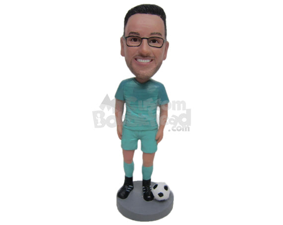 Male Soccer Player Standing with the Ball Next to Him Personalized Bobblehead