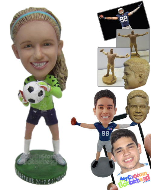 Gorgeous Female Soccer Goalie Catching the Ball Personalized Bobblehead