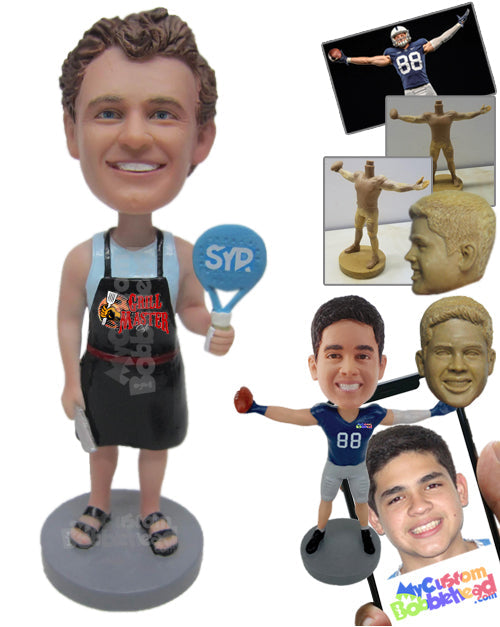 Male BBQ Aficionado holding a Paddle Racquet Personalized Bobblehead