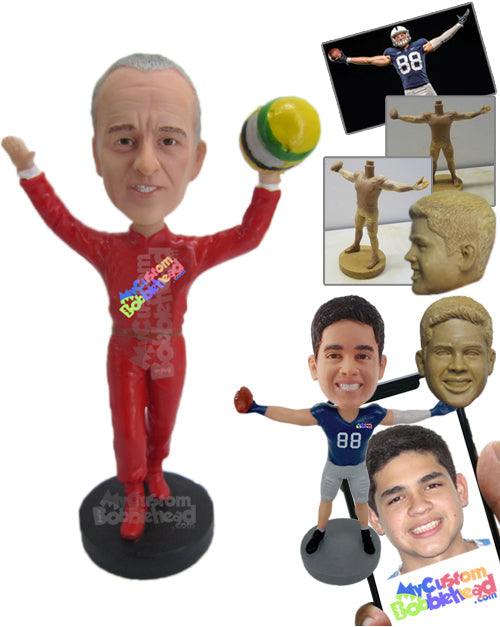 Male Car Racer Celebrating after Winning the Race Personalized Bobblehead