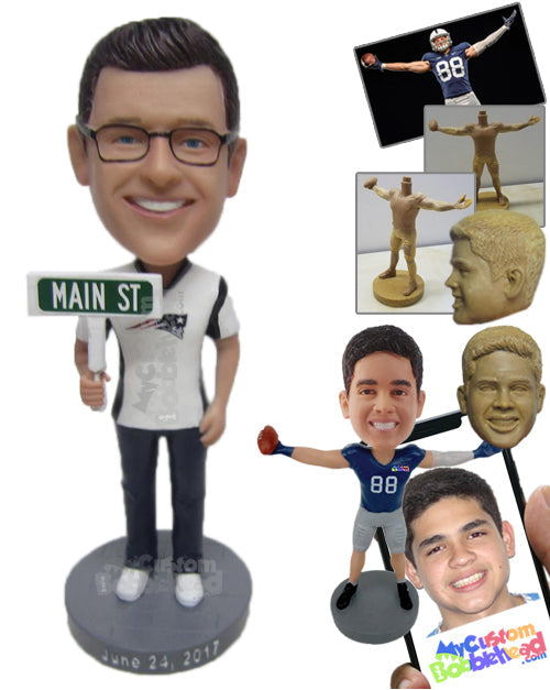 Cool Sports Fan Dude Wearing T-Shirt and Jeans Showing the Way with a Sign Personalized Bobblehead