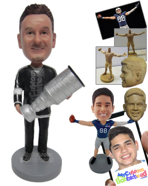 Ice Hockey Fan Holding Stanley Championship Cup in Hand Personalized Bobblehead