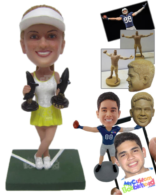 Beautiful Female Tennis Player Holding Two Grand Slam Trophies Personalized Bobblehead