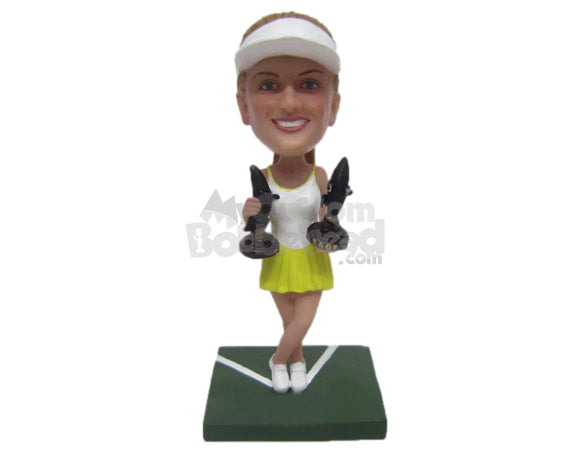 Custom Bobblehead Beautiful Female Tennis Player Holding Two Grand Slam Trophies - Sports & Hobbies Tennis Personalized Bobblehead & Cake Topper