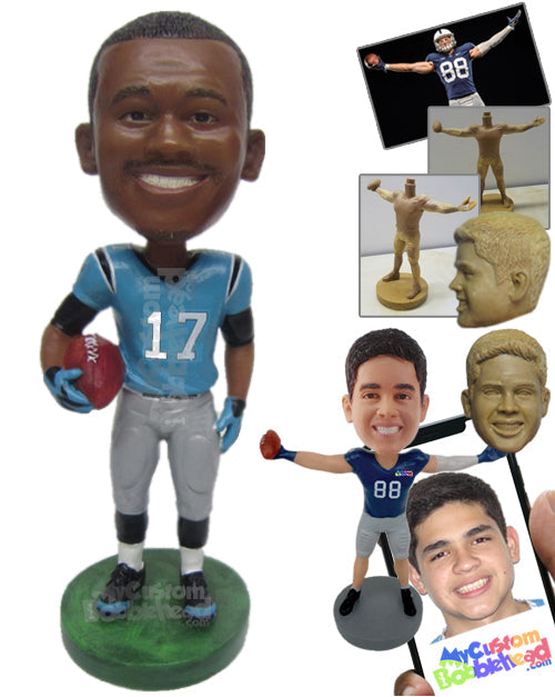 Strong Football Player Posing with Ball in Hand Personalized Bobblehead