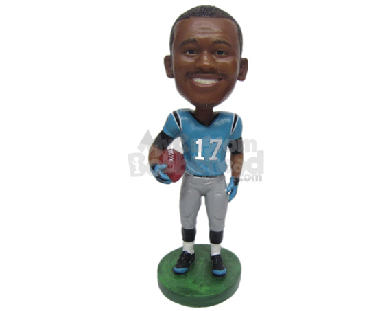 Strong Football Player Posing with Ball in Hand Personalized Bobblehead