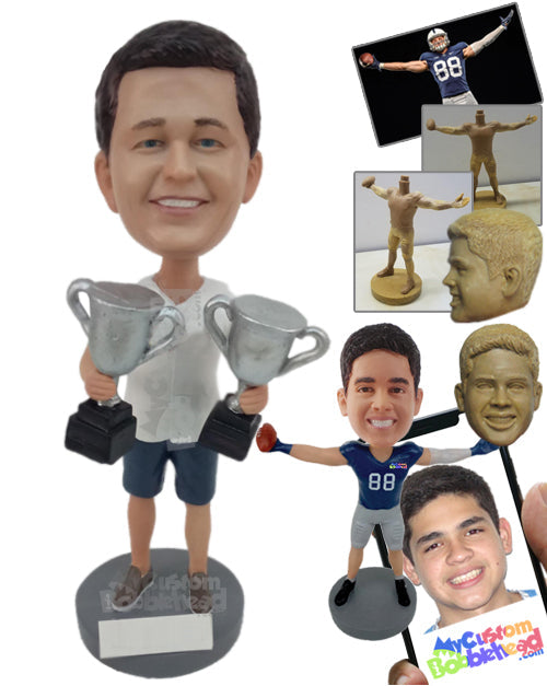 Charming Sports Aficionado Posing With 2 Trophies Personalized Bobblehead