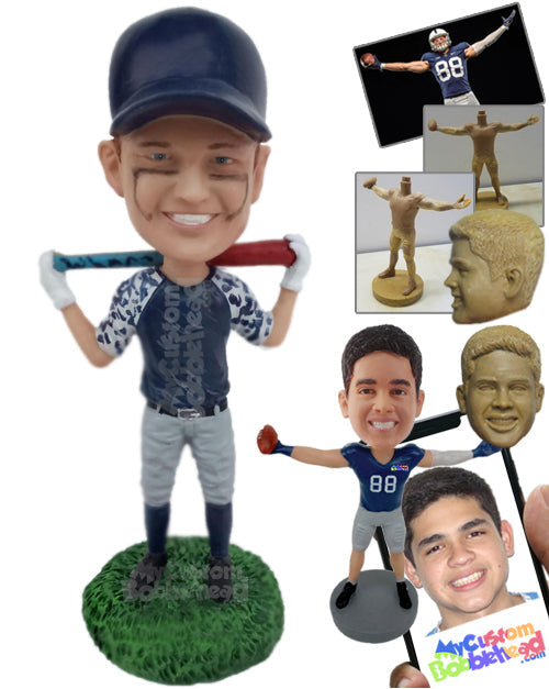 Smart Dude in Casual Attire Posing with a Baseball Bat Personalized Bobblehead