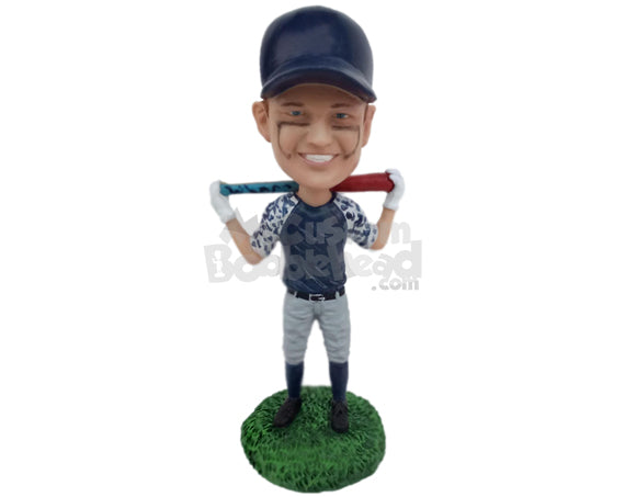 Smart Dude in Casual Attire Posing with a Baseball Bat Personalized Bobblehead