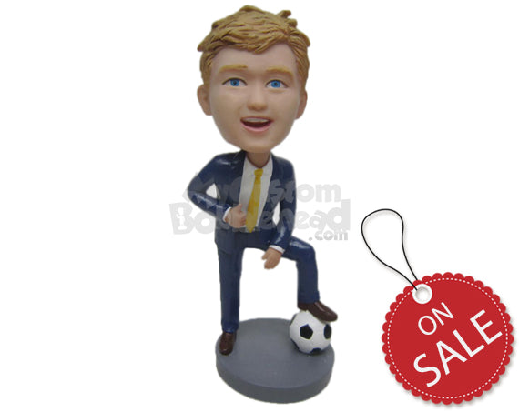 Custom Bobblehead Young Corporate Executive Soccer Fan Stepping On The Ball - Sports & Hobbies Soccer Personalized Bobblehead & Cake Topper