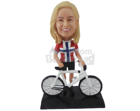 Custom Bobblehead Gorgeous Female Bike Rider Posing With Bike - Sports & Hobbies Cycling Personalized Bobblehead & Cake Topper