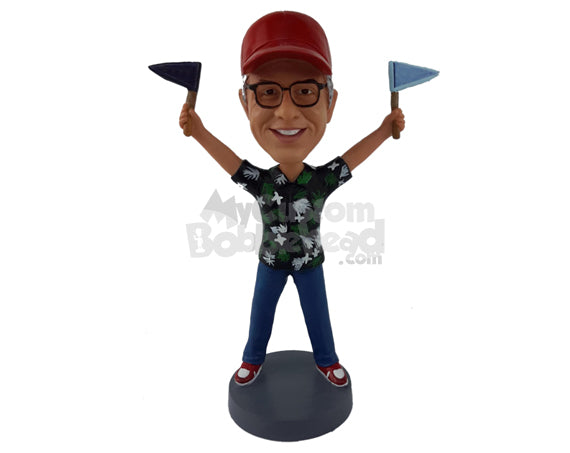 Guy with 2 Flags in Both Hands Personalized Bobblehead